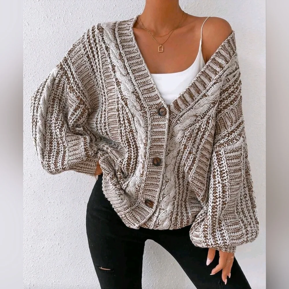 New Boho Chunky Cable Knit Cardigan Sweater Cream White Brown - Picture 7 of 10